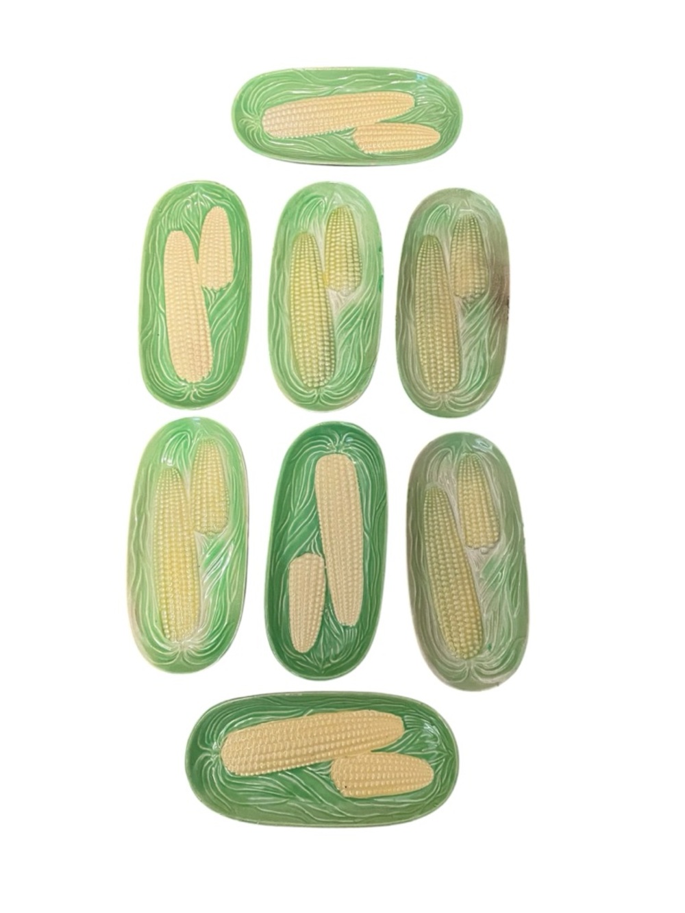 Vintage Ceramic Corn on the Cob Dishes Set of 8 Green Husk Relief Japan Retro - Picture 1 of 4